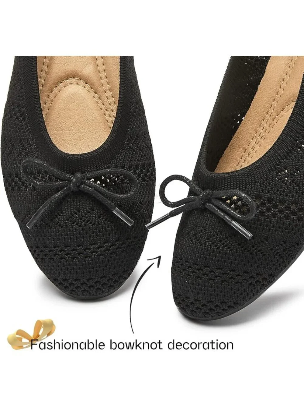 Women's Black Crochet Lace Round Toe Solid Comfortable Low Heel Ballet Flats